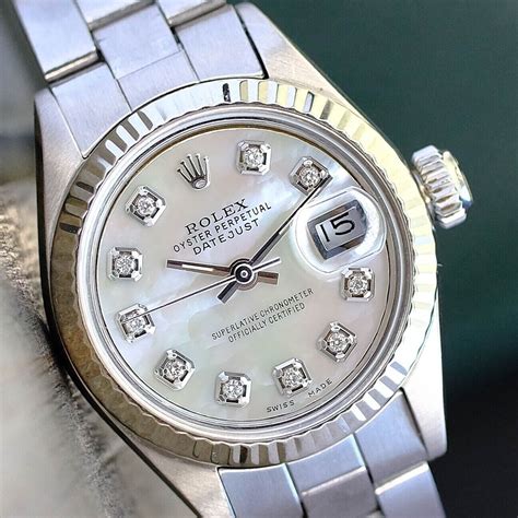 stainless steel ladies preowned rolex mop diamond dial fluted bezel